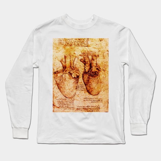 Heart And Its Blood Vessels, Leonardo Da Vinci Anatomy Drawings  Monochrome Brown Parchment Long Sleeve T-Shirt by BulganLumini